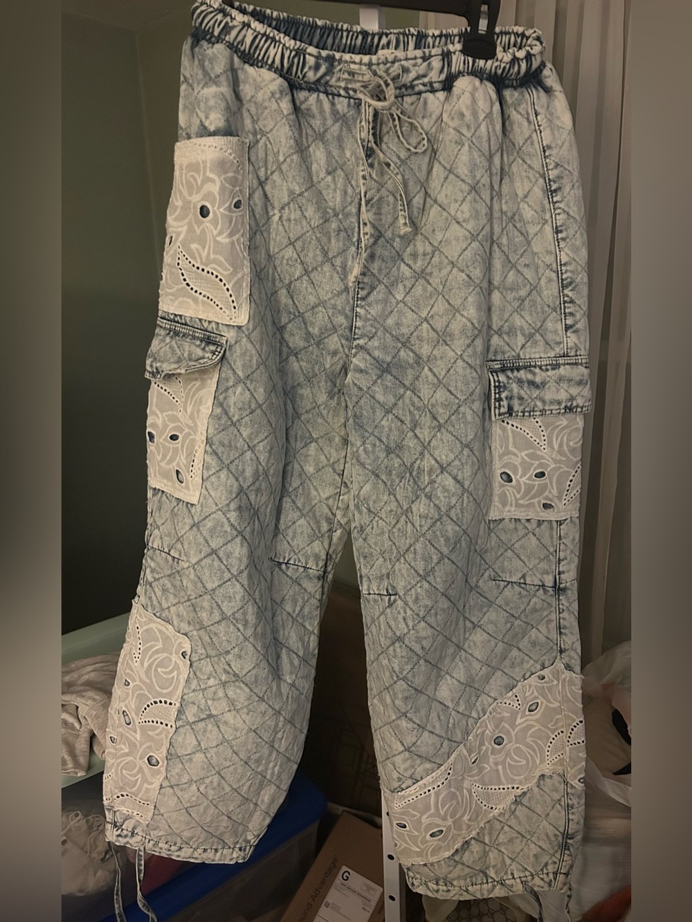 POL Light Wash Quilted Cargo Pants with White Eyelet Panels